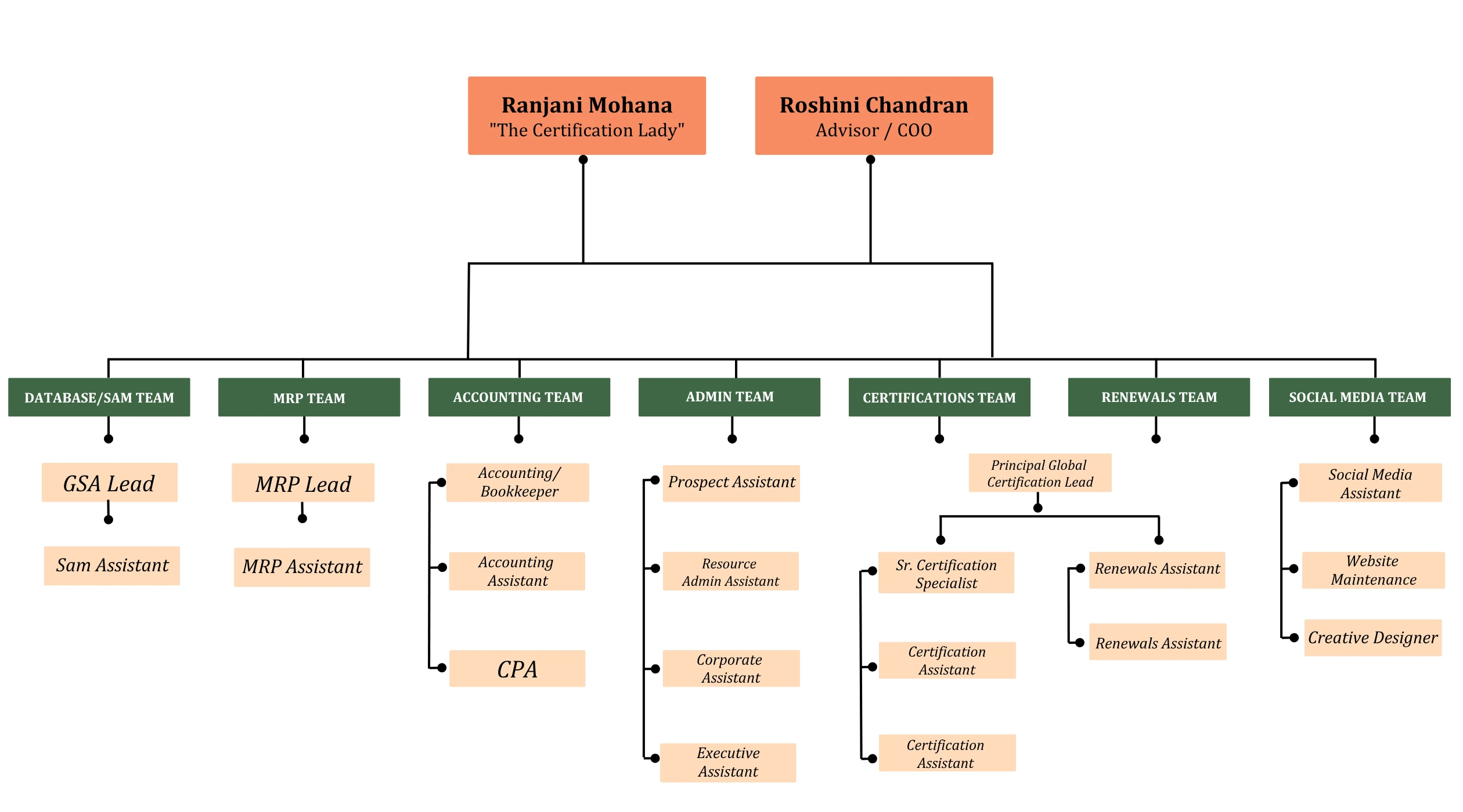R Mo organizational chart: Ranjani Mohana (The Certification Lady) and Roshini Chandran (Advisor / COO) lead seven teams: Database/SAM, MRP, Accounting, Admin, Certifications, Renewals, and Social Media.